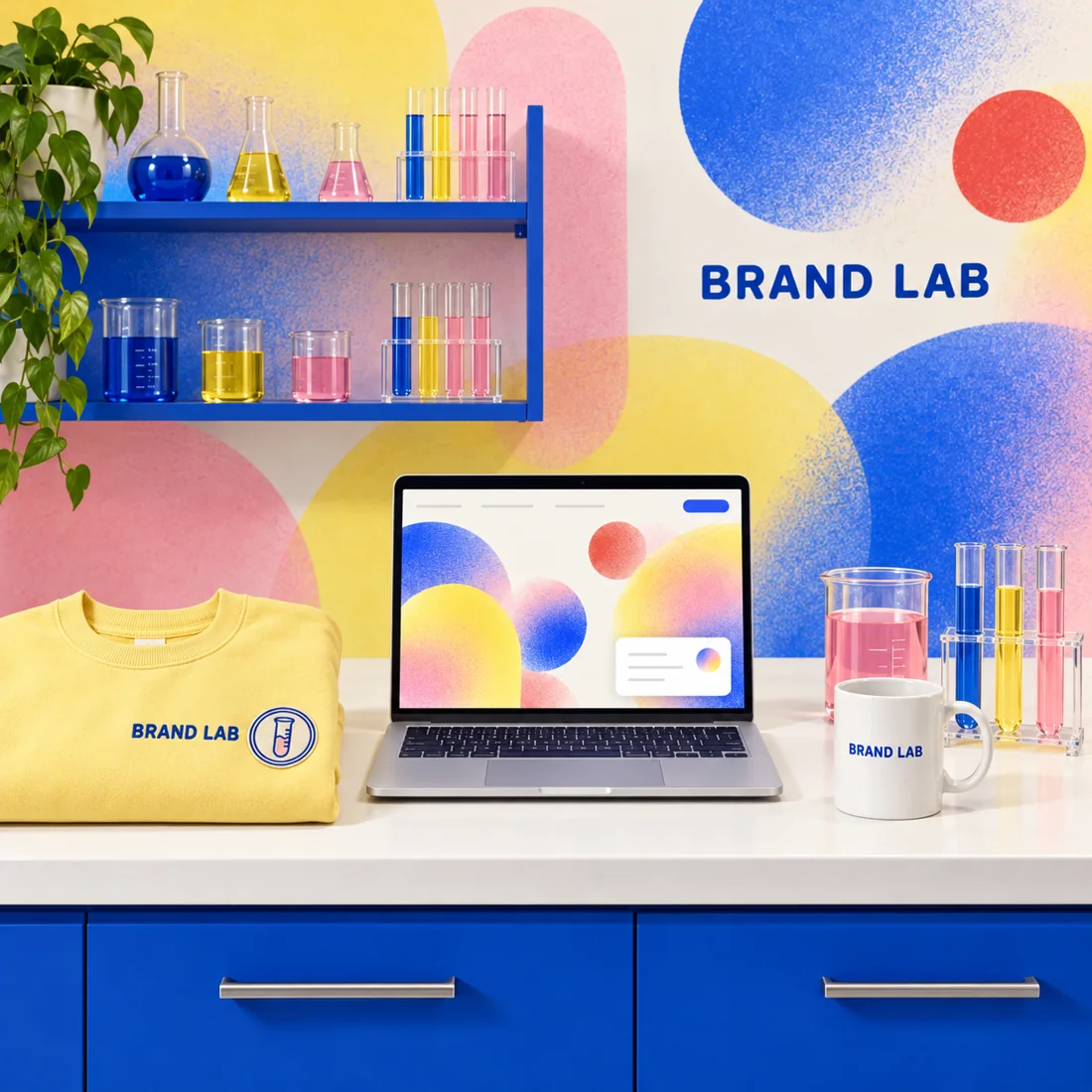 Colorful studio workspace with lab glassware